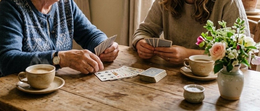 Deux personnes jouent aux cartes autour d'un café, sur une table en bois