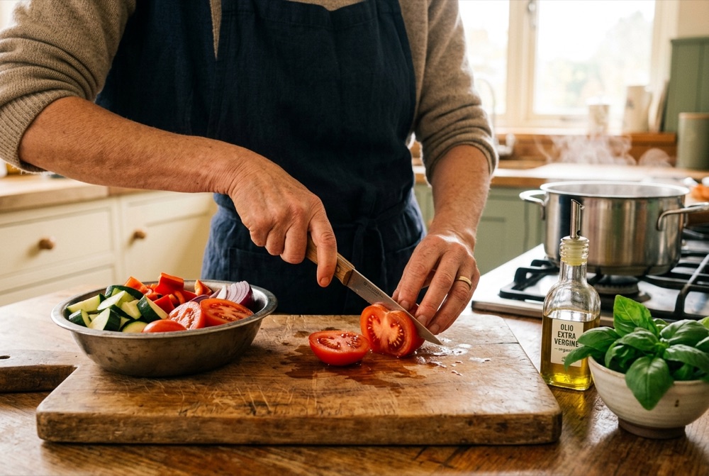 Préparation d'un repas maison : légumes frais coupés sur une planche en bois
