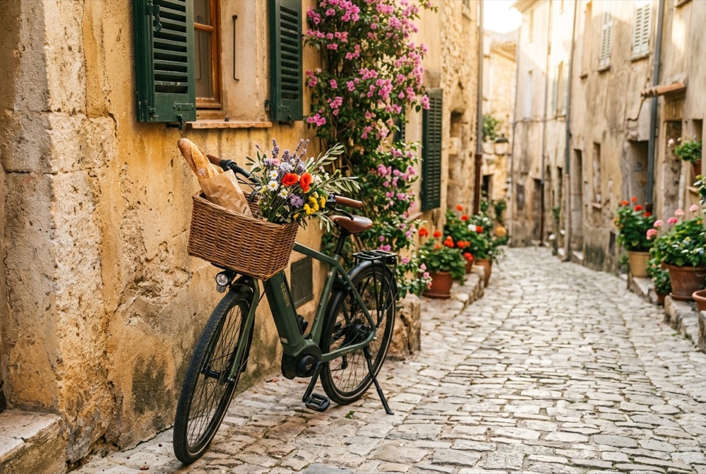 Vélo électrique avec panier garni, adossé à un mur de pierre dans une ruelle de Grasse